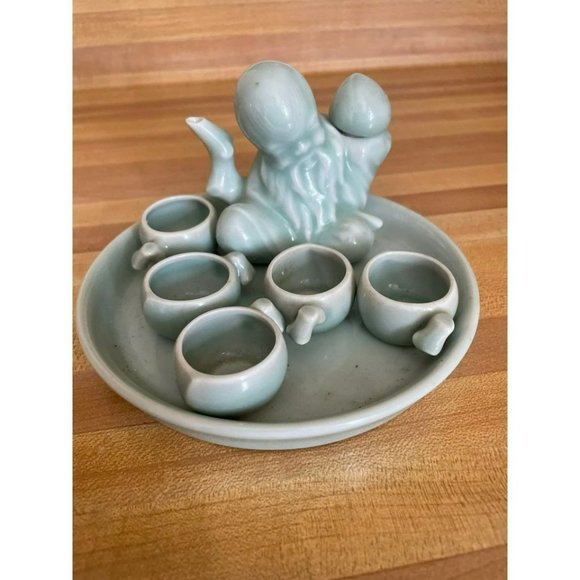japan vintage antique sake tea set blue porcelain china sushi ming chinese man - Picture 1 of 2
